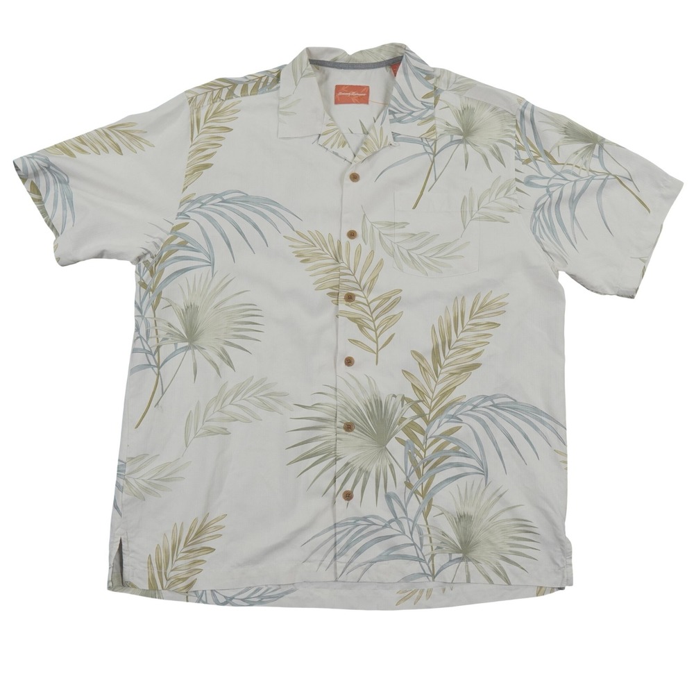Tommy Bahama Shirt Mens L Cream Silk Textured Palm Leaf Beach Hawaiian Button Up
